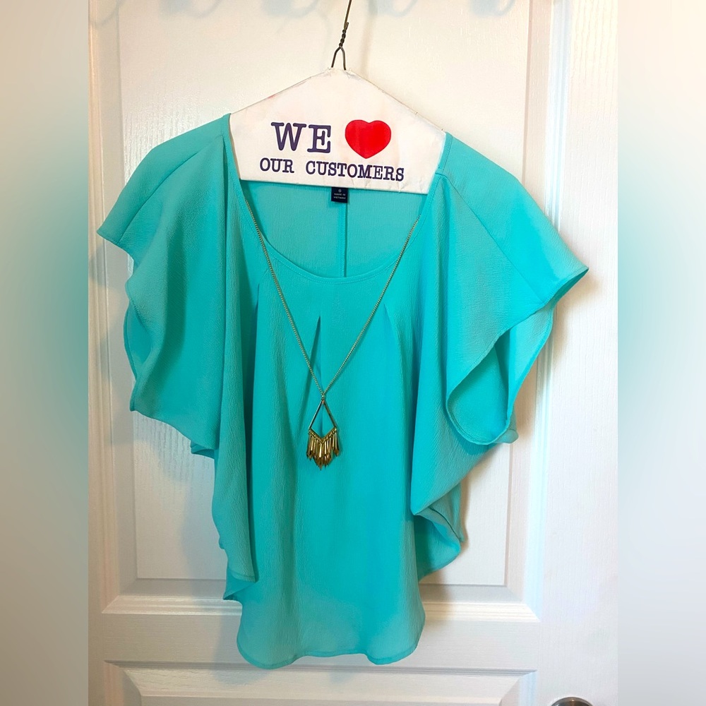 BCX Teal Blouse with Gold Pendant Necklace